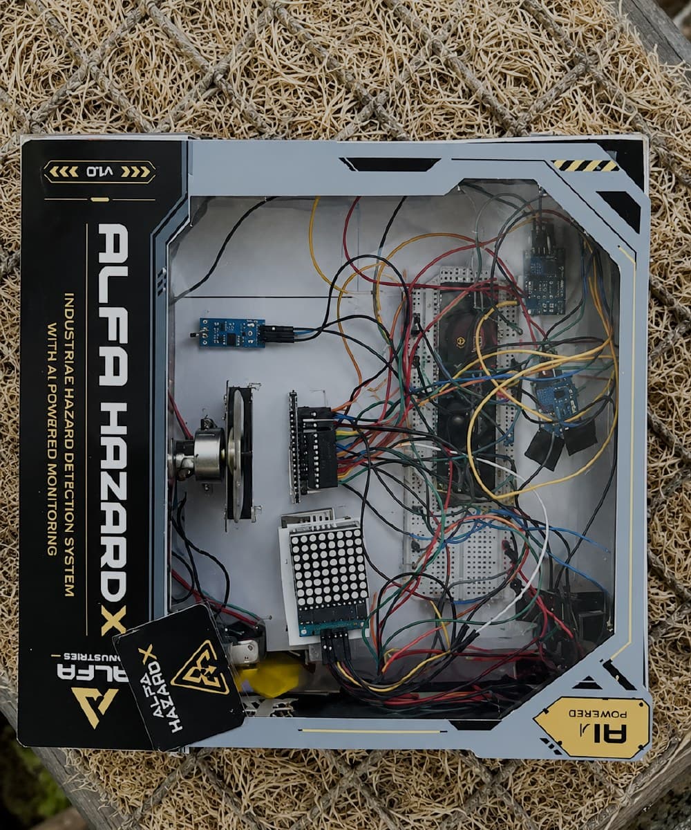 The Alfa HazardX v1.0 bench build, seen from above: a branded panel holding the gas sensor modules, breadboards, LED matrix and wiring loom that became the production node.