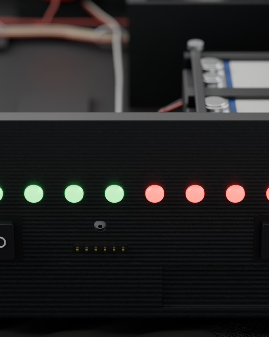 The production sensor head: the combustible-gas, air-quality and carbon-monoxide elements seated in machined bezels, each labelled on the enclosure wall.
