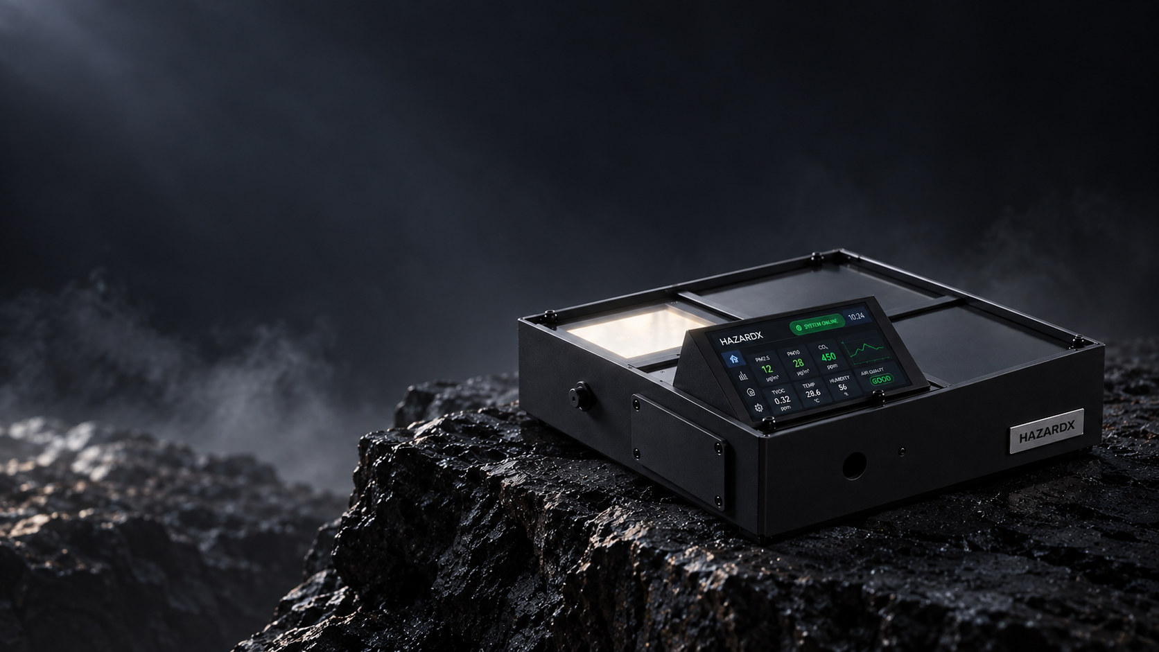 An Alfa HazardX node on dark rock under low light, its display showing live particulate, CO2, TVOC, temperature and humidity readings beside a trend chart and a system-online indicator.